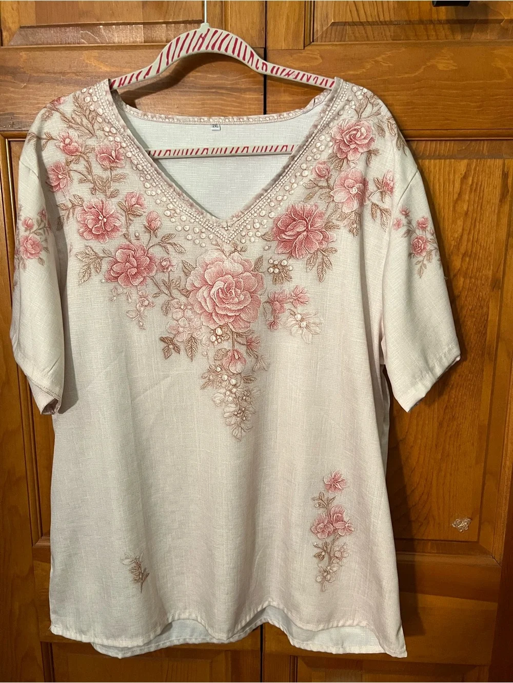 Women's Cream V-Neck Floral Embroidered Tunic with Pink Rose Accents